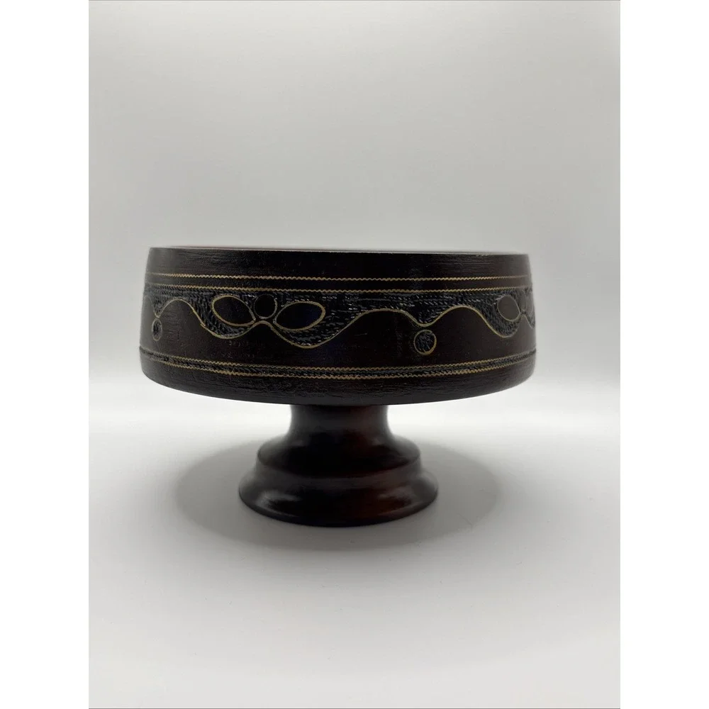 Hand Carved Wooden Pedistal Bowl With Metal Inlay